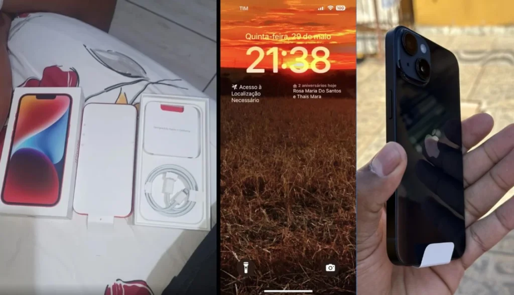 iPhone 14 Plus na cor azul claro, posicionado na embalagem aberta, com cabo Lightning incluso, manual visível e acabamento traseiro refletivo sob luz natural.